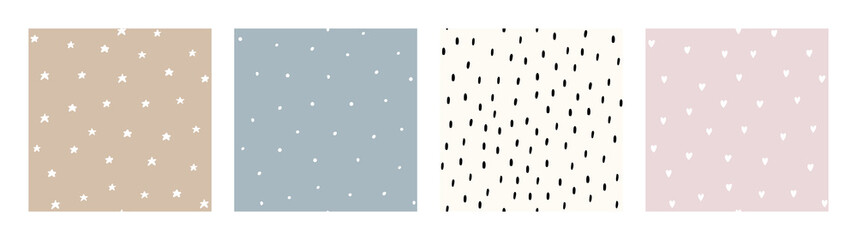 Bohemian Baby pattern. Set of Boho print for kids with stars, hearts and small dashes. Gender Neutral Nursery Cute Ornaments. Vector illustration in flat cartoon style. © KeronnArt