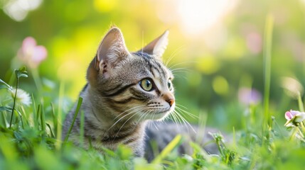 Fototapeta premium Adorable Kitten Exploring Lush Green Meadow in Warm Sunlight