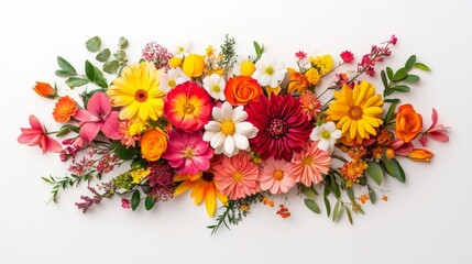 Colorful spring flower bouquet, top view, on solid white background, single object