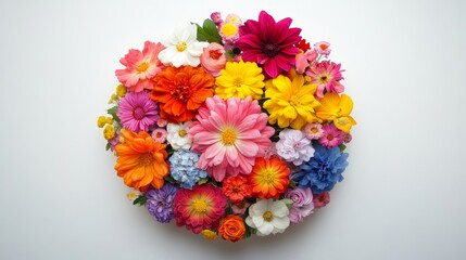 Obraz premium Circular arrangement of colorful spring flowers viewed from above on a solid white background, bright and festive design, single object