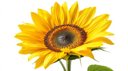 Obraz premium Close-up of a sunflower in full bloom, isolated on solid white background, vibrant yellow petals and dark brown center, perfect for summer-themed designs.