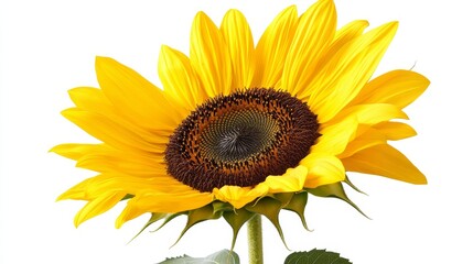 Close-up of a sunflower in full bloom, isolated on solid white background, vibrant yellow petals and dark brown center, perfect for summer-themed designs.