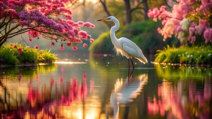Obraz premium Elegant egret stands serene amidst vibrant pink blossoms, surrounded by lush greenery, reflected in calm waters, bathed in soft, warm, golden morning light.
