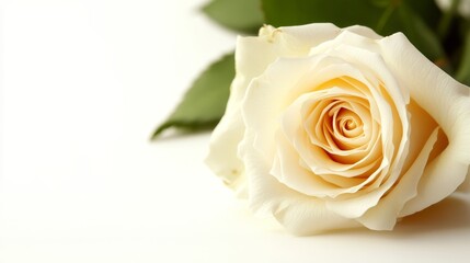 Fototapeta premium Close-up of a white rose with soft petals on a solid white background, perfect for wedding invitations and branding