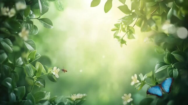 A butterfly and bee in a peaceful green garden surrounded by blooming flowers. Seamless looping time-lapse video background