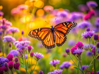 Fototapeta premium Vibrant butterfly perches on delicate purple flower amidst lush greenery, surrounded by blooming wildflowers and soft focus background in a serene garden setting.