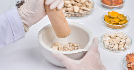 A scientist hand with a wooden pestle grinds herbal pieces in a white mortar. Surrounding ingredients showcase a vibrant array of natural herbs in petri dish.