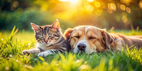 Obraz premium Adorable dog and cat duo snooze peacefully side by side on a vibrant green meadow, basking in warm sunlight on a serene summer day.