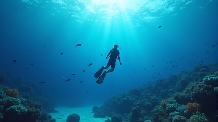 a diver is swimming in a large coral reef with many tropical fish.