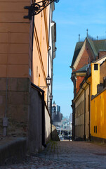 Alley on the island Riddarholmen, a sunny morning in Stockholm