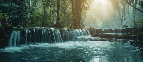 Natural Waterfall In Tropical Forest In Rainy Season Of Wet Wild Tree Forest Photo With Soft Focus With Light Adding For Beautiful Scene