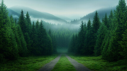 Fototapeta premium Enchanting Forest Pathway with Lush Greenery and Misty Mountains Offering a Serene Escape into Nature's Tranquil Embrace