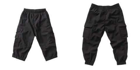 Two pairs of black cargo pants displayed together, showcasing their design and functionality for casual or outdoor wear. transparent background