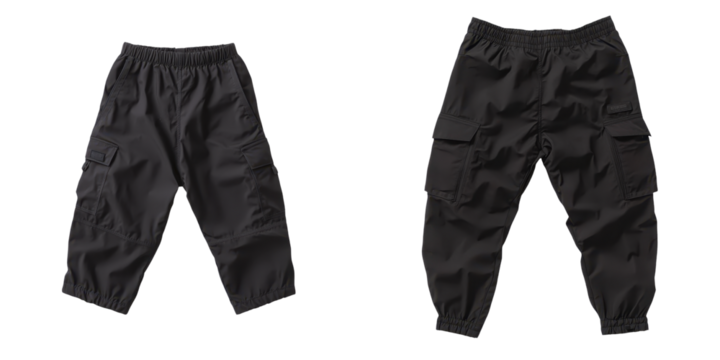 Two pairs of black cargo pants displayed together, showcasing their design and functionality for casual or outdoor wear. transparent background