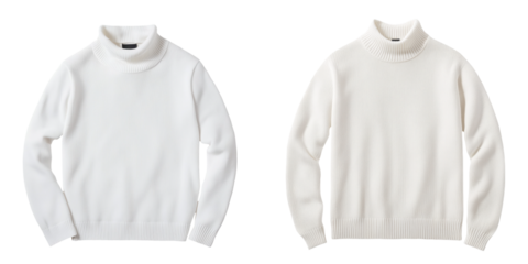 Two stylish white turtleneck sweaters displayed together, perfect for winter fashion and cozy layering options. transparent background