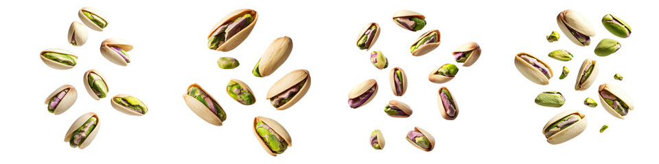 Fototapeta premium Various pistachio nuts arranged artistically, showcasing their vibrant colors and unique shapes, perfect for culinary designs. transparent background