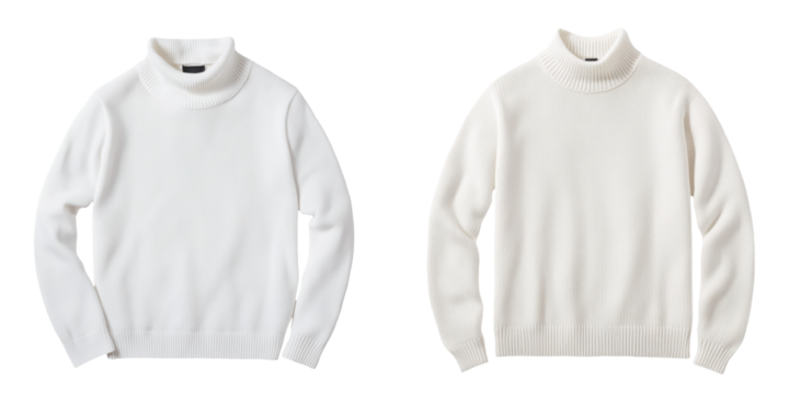 Two stylish white turtleneck sweaters displayed together, perfect for winter fashion and cozy layering options. transparent background