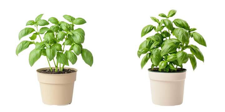 Two vibrant basil plants in neutral pots, showcasing healthy green leaves, ideal for gardening or culinary imagery. transparent background