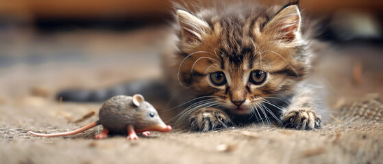 A cute kitten playing with an adorable little mouse toy