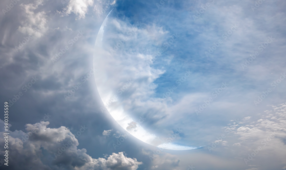 Aufkleber Night sky with crescent bright moon in the clouds, blue sea in the foreground