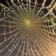a spider web with water droplets that is covered in dew.