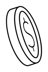 Black and white vector image of an isometric coin featuring a dollar symbol. Ideal for finance, banking, currency, investment, and savings themes. Simple, clean design is perfect for various applicati