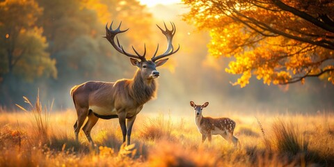 Majestic stag and gentle deer roam freely in a serene golden meadow, bathed in soft warm sunlight, against a stunning backdrop of autumnal hues.