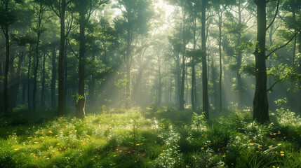 Obraz premium A serene forest scene with tall trees, sunlight filtering through the leaves, and wildflowers blooming on the ground