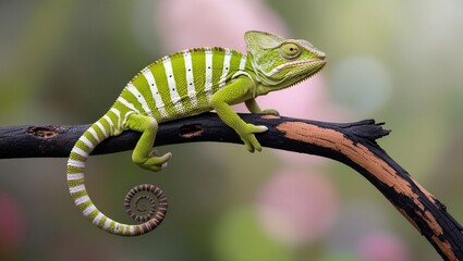 Fototapeta premium A striped green chameleon is sitting on a branch