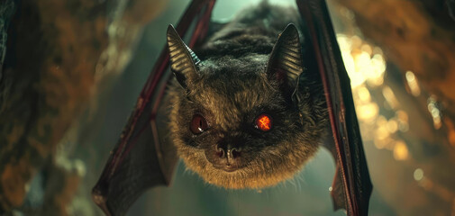 Obraz premium A vampire bat hanging upside down in a cave with glowing red eyes