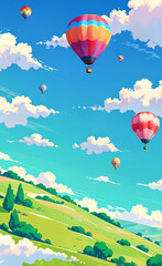 Fototapeta premium A whimsical mobile wallpaper featuring colorful hot air balloons floating over rolling green hills and a bright blue sky filled with fluffy clouds