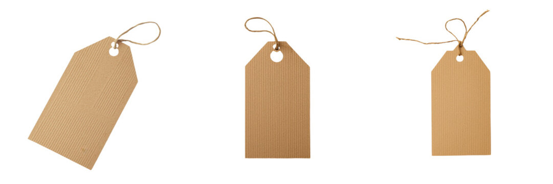 A collection of three blank brown paper tags with string ties, ideal for various labeling and crafting needs. transparent background