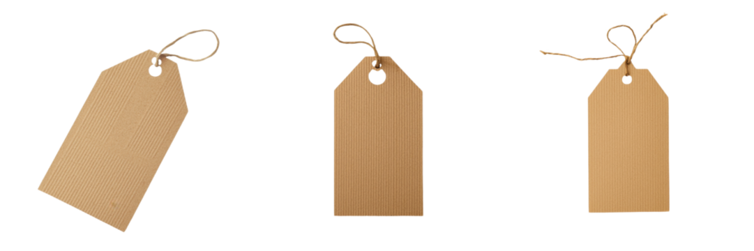 A collection of three blank brown paper tags with string ties, ideal for various labeling and crafting needs. transparent background