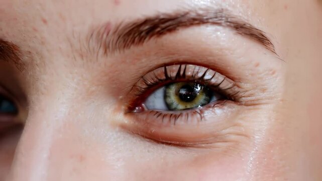 Close up of female eye. Woman with beautiful eye with long eyelashes excited and smiling. Emotions can be felt just from the eye.