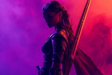 Woman Warrior in Armor with Sword, Purple and Red Smoke Background.