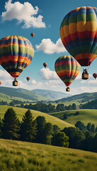 Naklejka premium A whimsical mobile wallpaper featuring colorful hot air balloons floating over rolling green hills and a bright blue sky filled with fluffy clouds