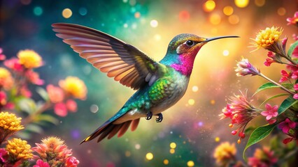Obraz premium Vibrant hummingbird flutters amidst radiant blooms, iridescent feathers shimmering as it performs whimsical dance, surrounded by lush foliage and delicate sparkling flower petals.