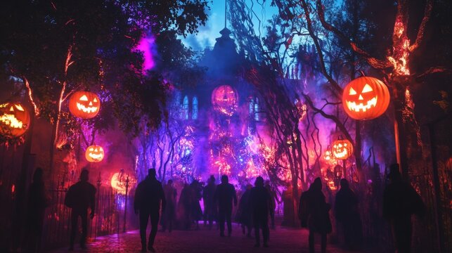 A group of people walk through a dark, spooky Halloween attraction at night. There are many jack-o'-lanterns hanging from trees and the area is lit with colorful, eerie lights.