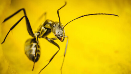 Common black ant insect on yellow petal background.