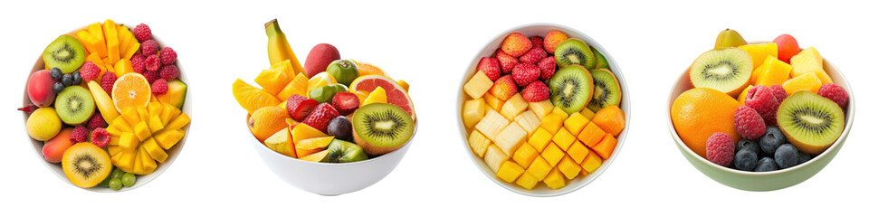 A vibrant collection of assorted fruits in bowls, featuring kiwi, mango, berries, and tropical selections for a refreshing look. transparent background