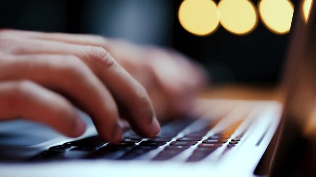 Close up hands typing using laptop computer. Browsing online working writer or blogger. Unrecognizable person.