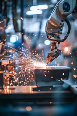 Fototapeta premium Robotic Arm Precisely Welds Components On An Automotive Assembly Line. Sparks Fly As The Welding Process Takes Place