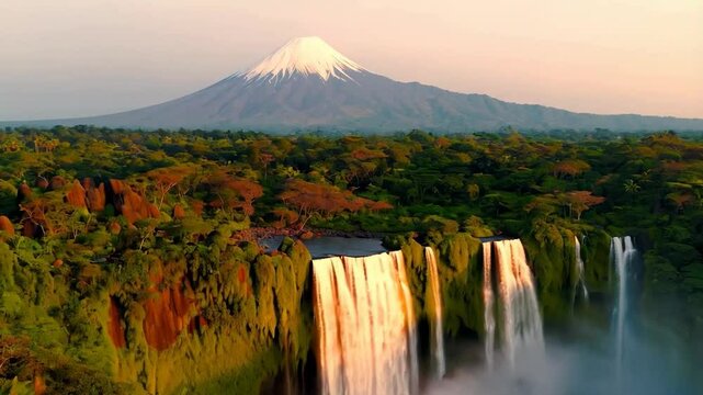 waterfall and mountain scenery. fantasy imaginary view.