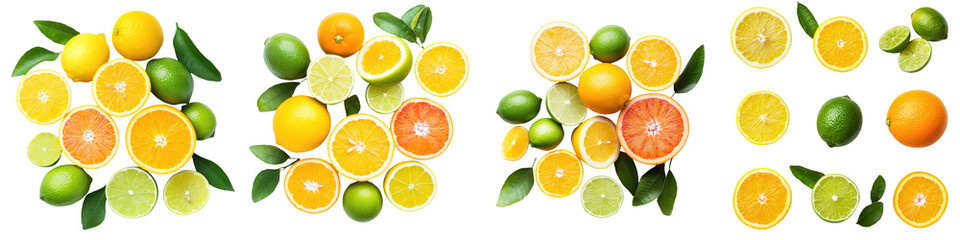 Obraz premium Bright assortment of citrus fruits including lemon, lime, orange, and grapefruit with fresh green leaves. transparent background