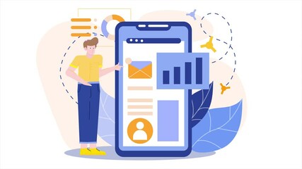 Colorful flat illustration depicting a person interacting with a mobile app interface showing data and user icons symbolizing technology and digital connectivity