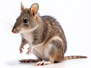 Obraz premium A solo bandicoot, medium-sized marsupial with gray and white stripes, stands upright on hind legs, posing calmly on a pure white isolated background.