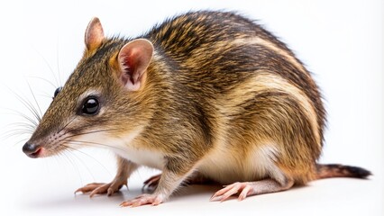 Close-up of a solitary bandicoot, its distinctive striped fur and pointed snout showcased against a clean white background, creating a striking isolated image.