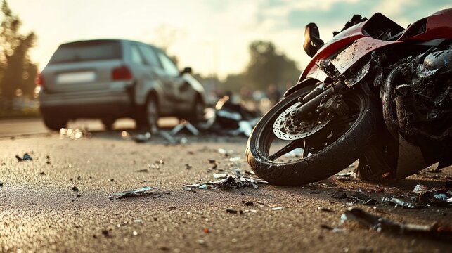 A severe road accident scene displaying a demolished motorcycle and car amidst a crash site filled with debris.