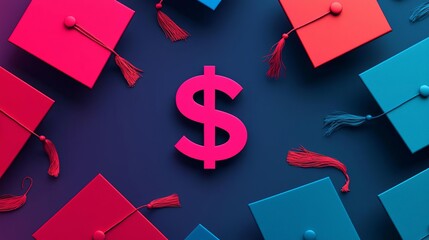 Modern graduation caps surround a dollar sign, symbolizing education and financial investment in future success.