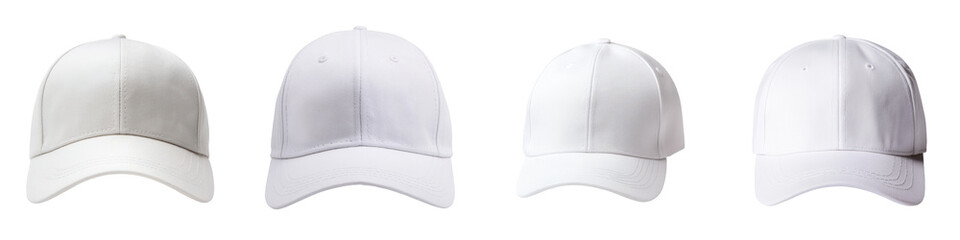 Collection of white caps showcasing different angles and styles, perfect for fashion and accessory projects. transparent background